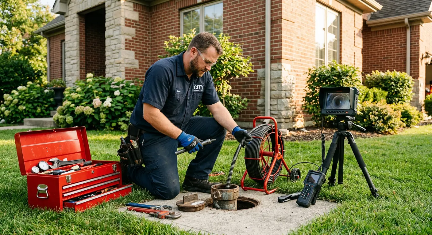 Sewer specialist with camera equipment servicing a cleanout in Timonium