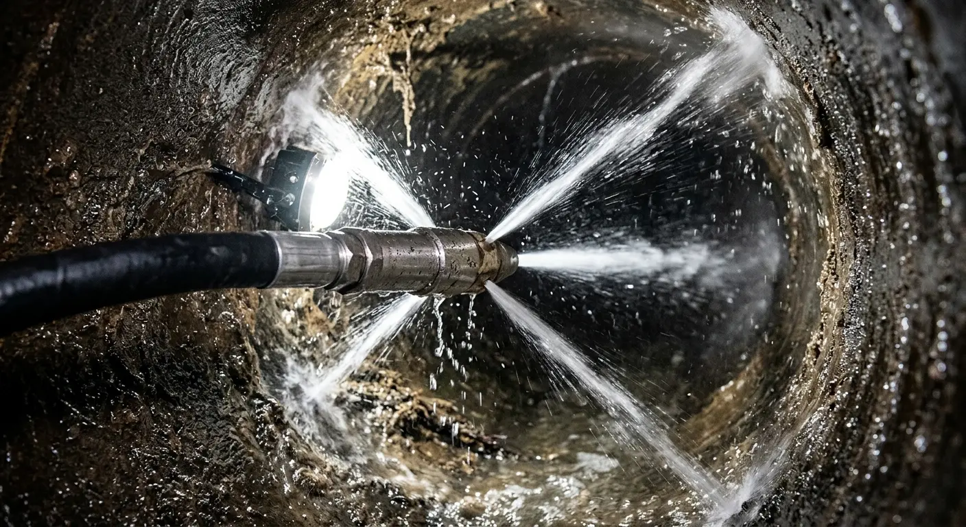 High-pressure hydro jetting nozzle cleaning sewer pipe for Trenchless Sewer Repair in Timonium