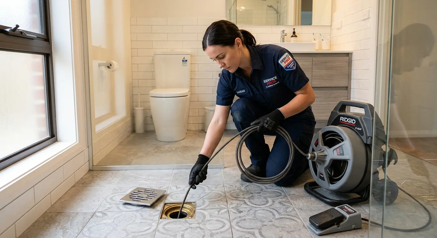 Technician clearing a bathroom floor drain for Drain Cleaning in Timonium